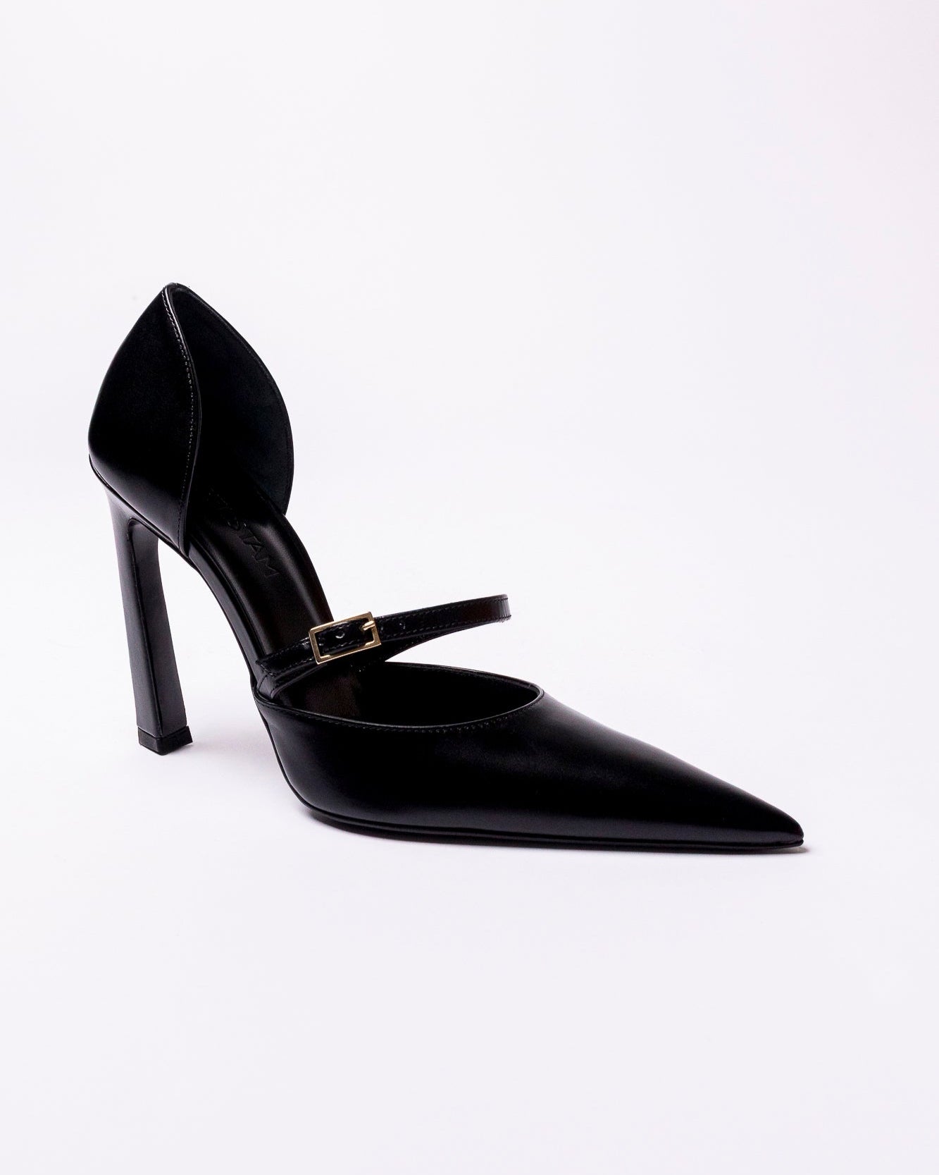 Black high-heeled shoe with a strap on a white background
