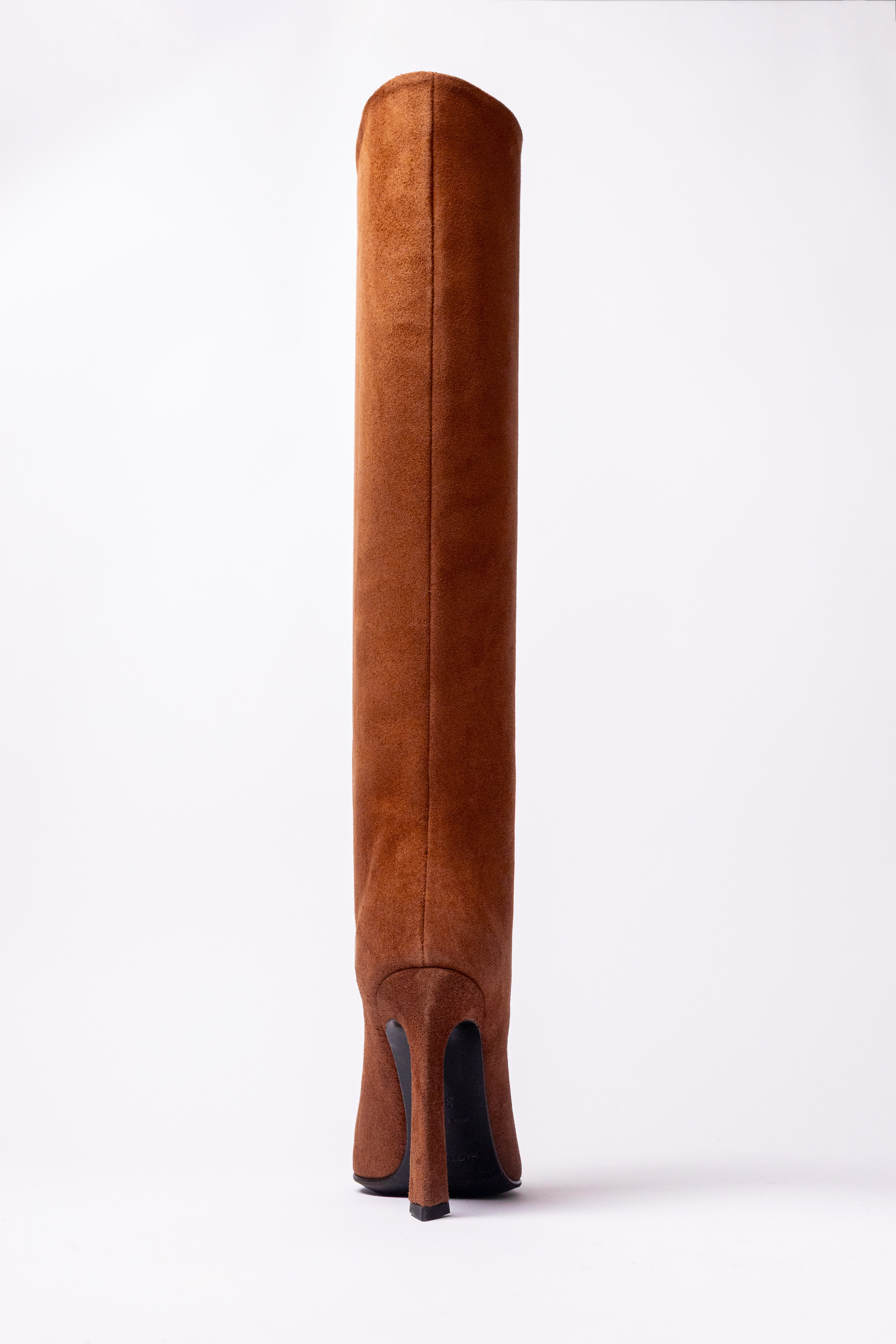 Brown suede knee-high boot on a white background