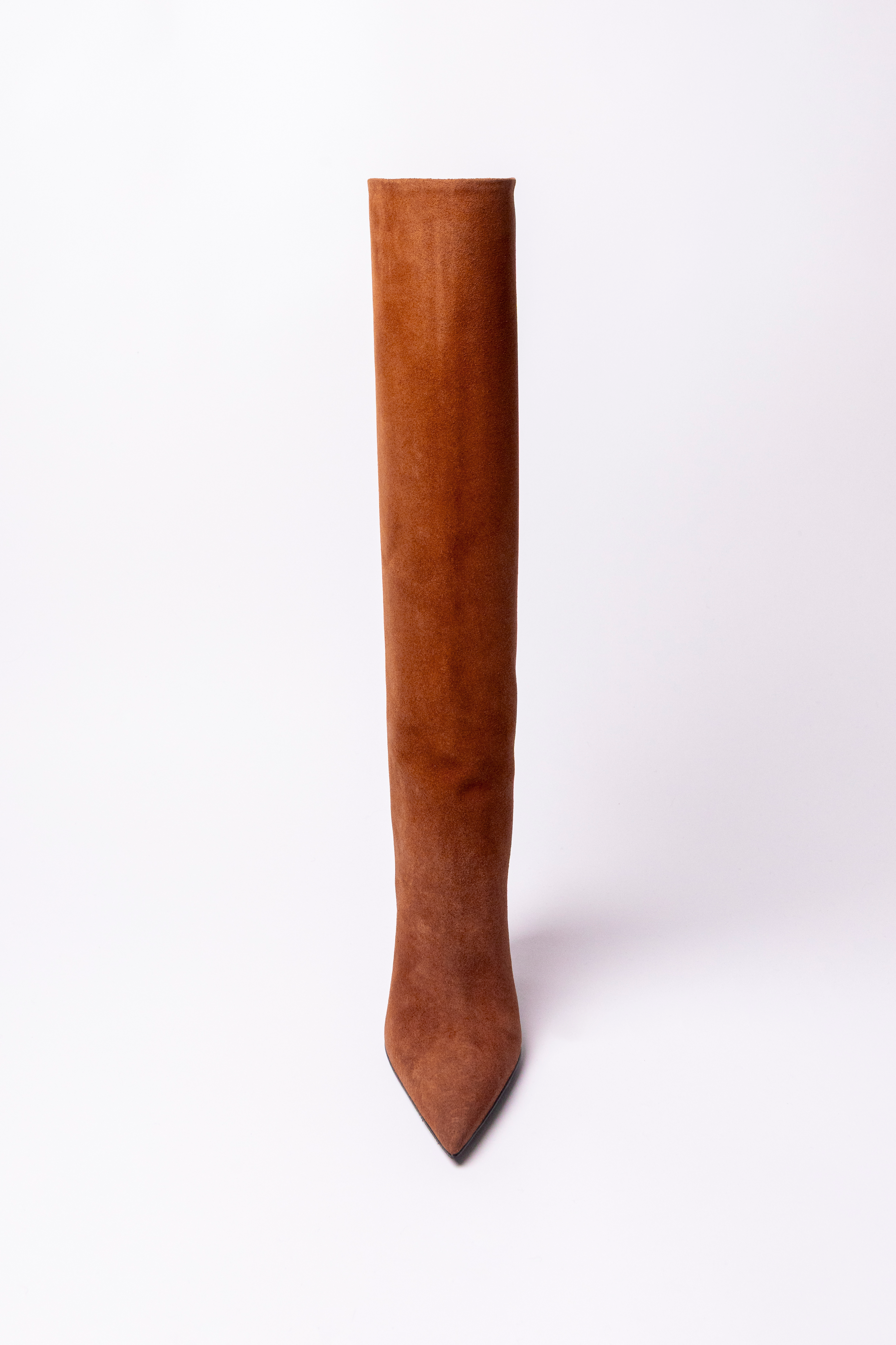 Brown suede knee-high boot on a white background