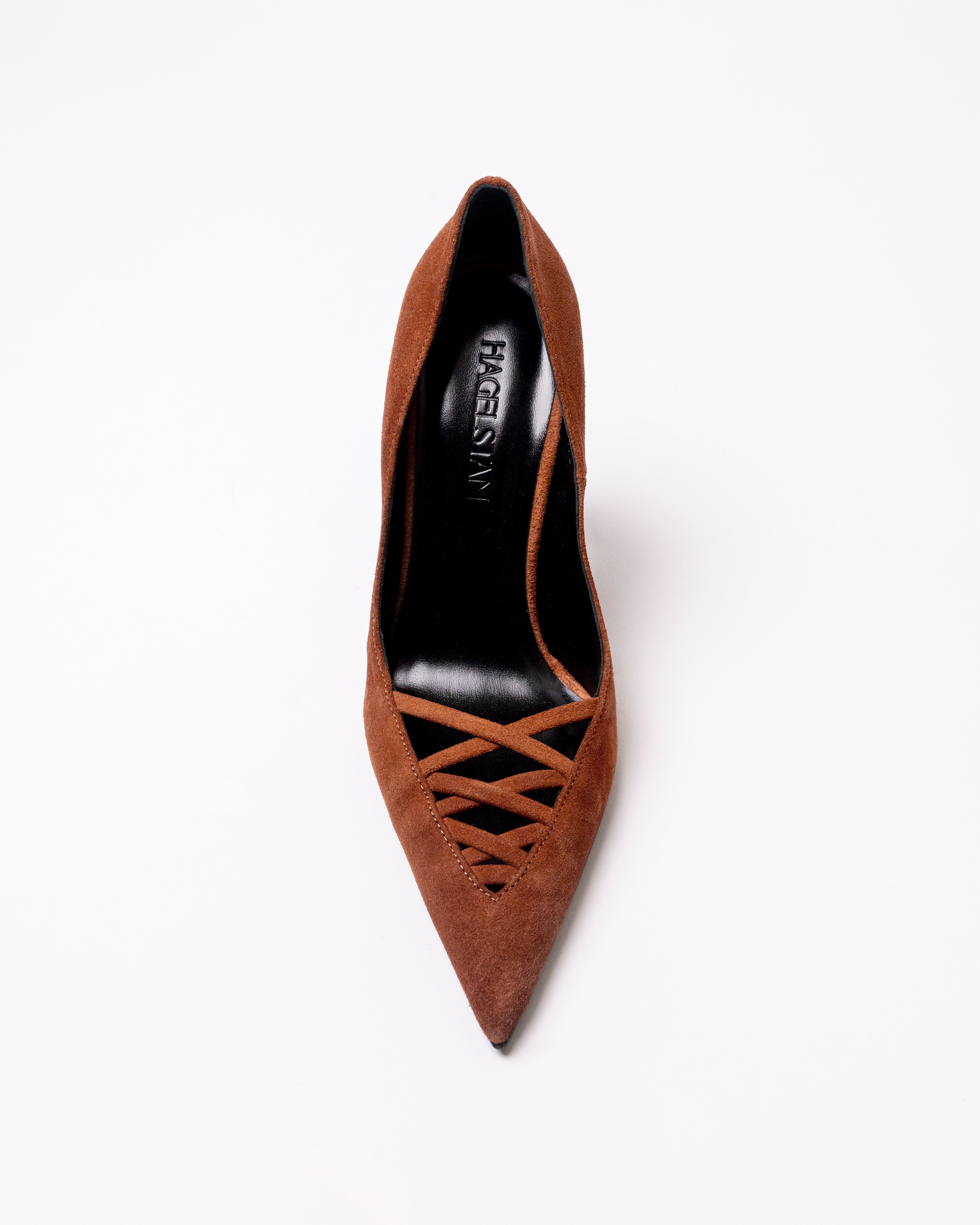 Brown suede high-heeled shoe on a white background