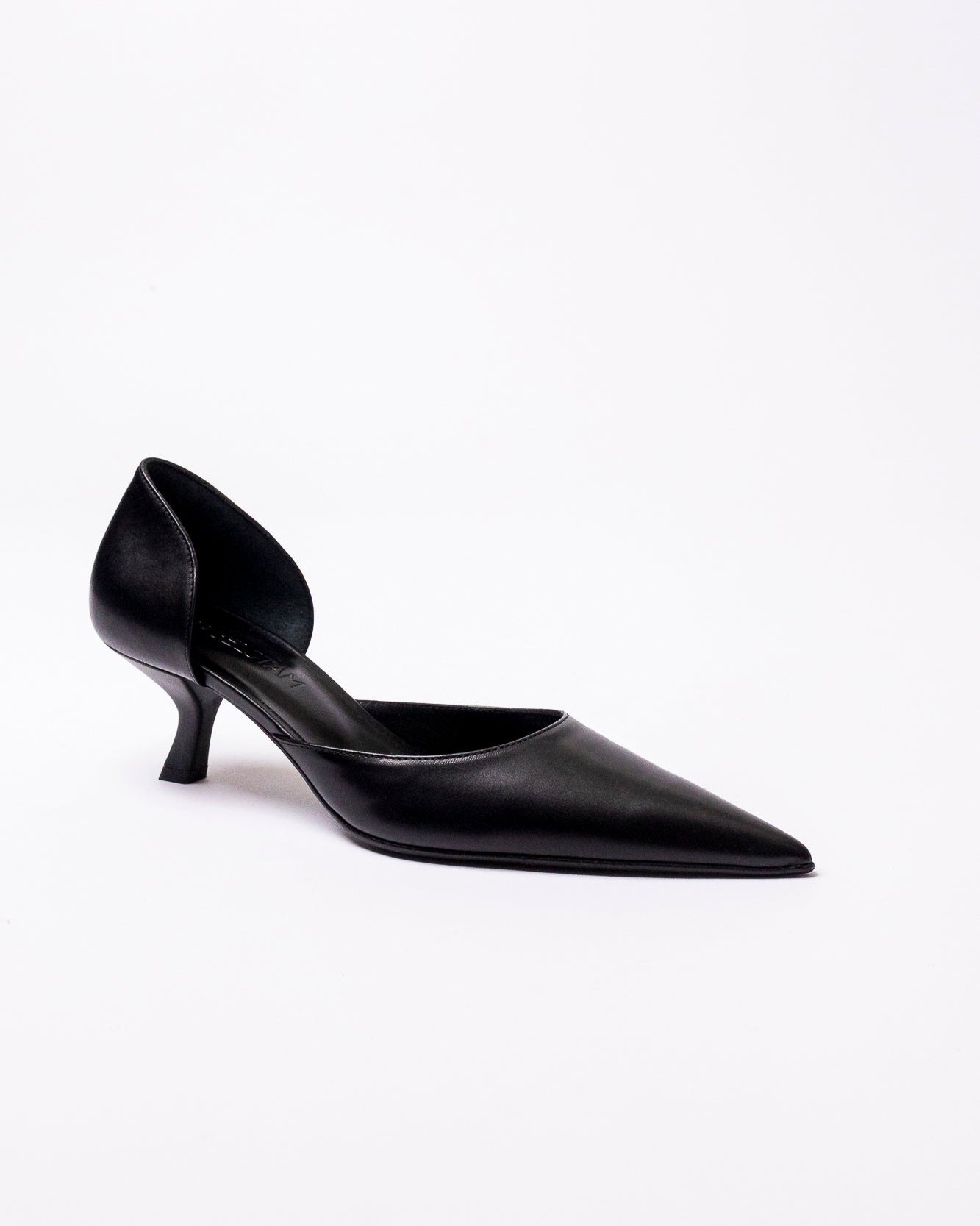 Black high-heeled shoe on a white background