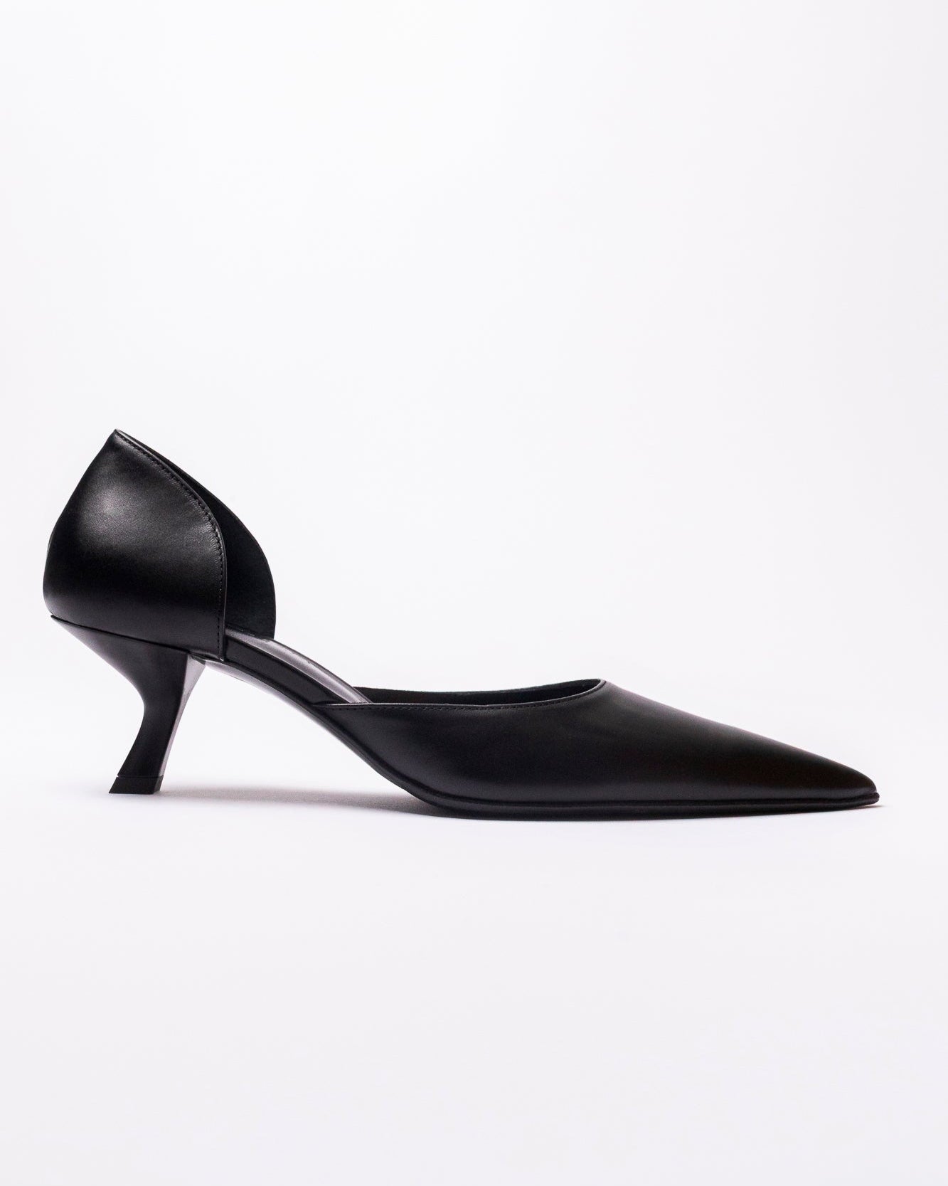 Black high-heeled shoe on a white background
