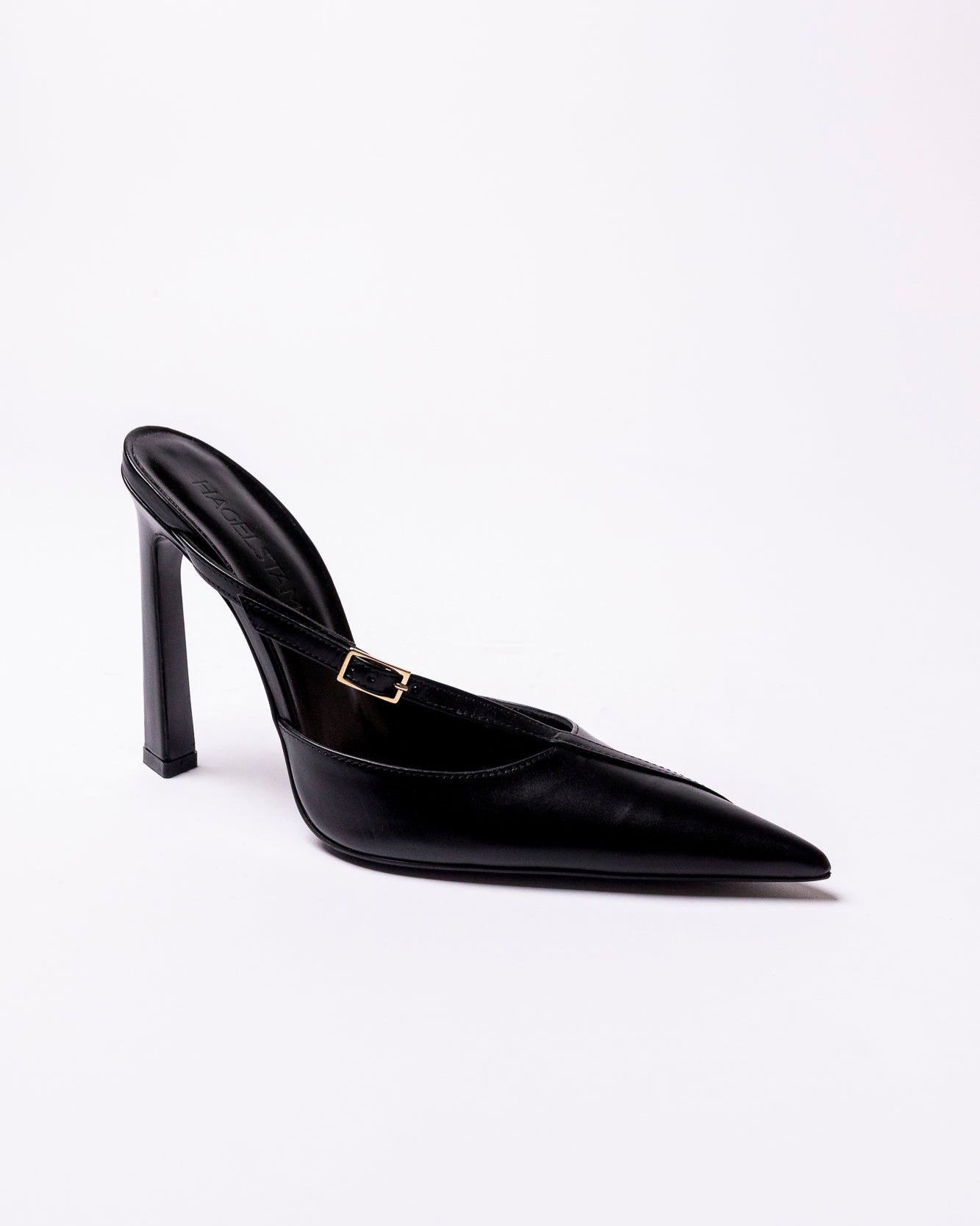Black high-heeled shoe on a white background