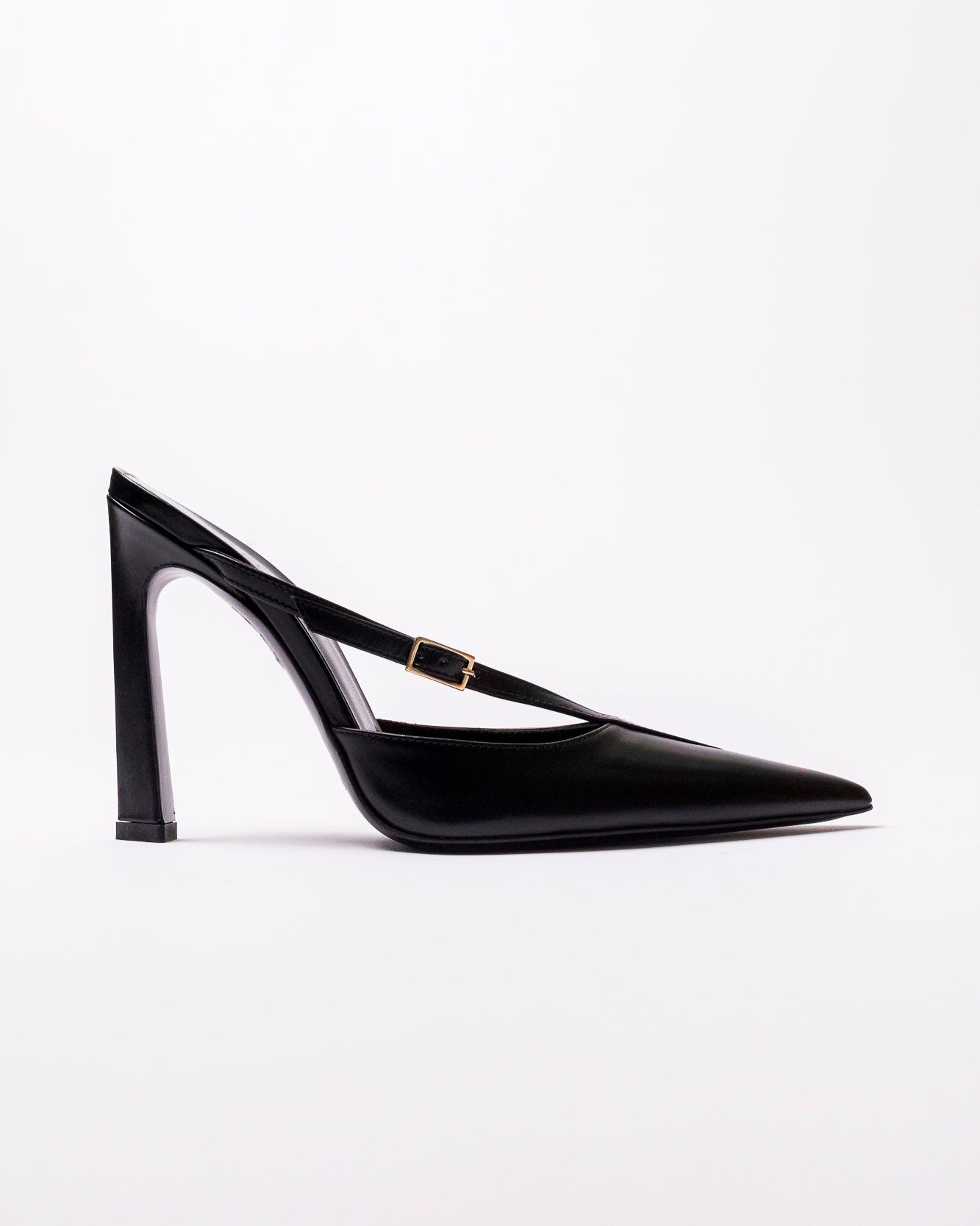 Black high-heeled shoes on a white background