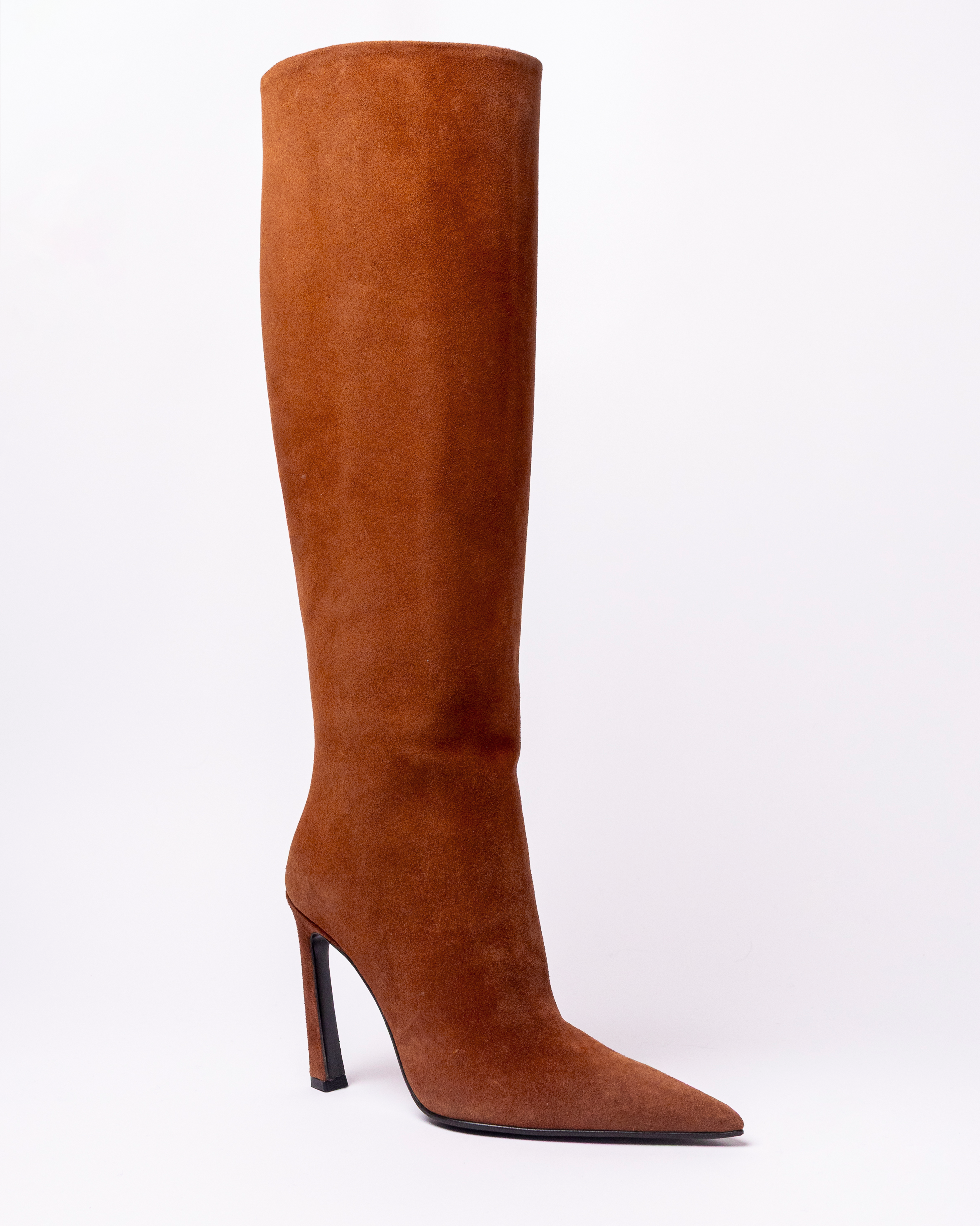 Brown suede knee-high boot on a white background