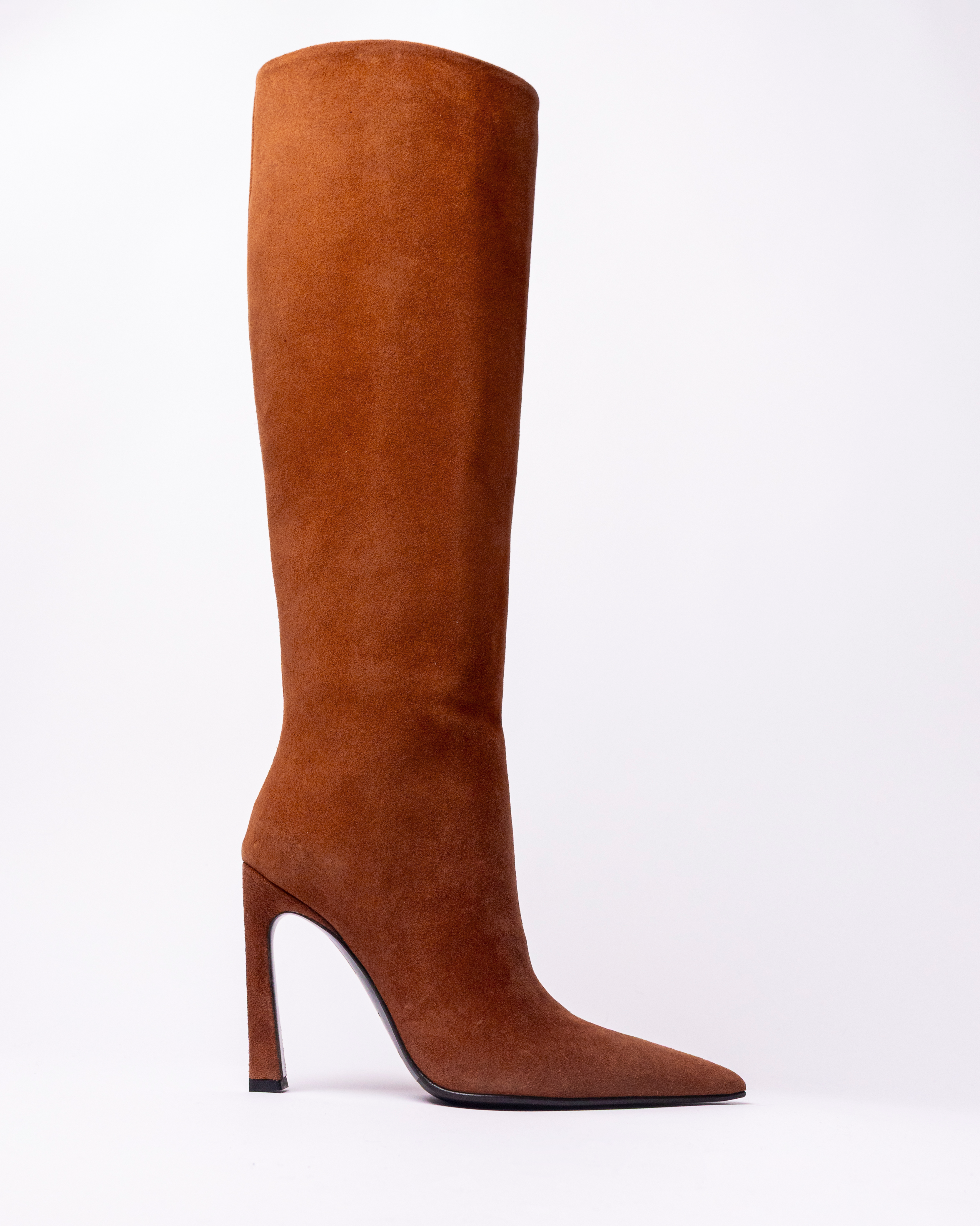 Brown suede knee-high boot on a white background