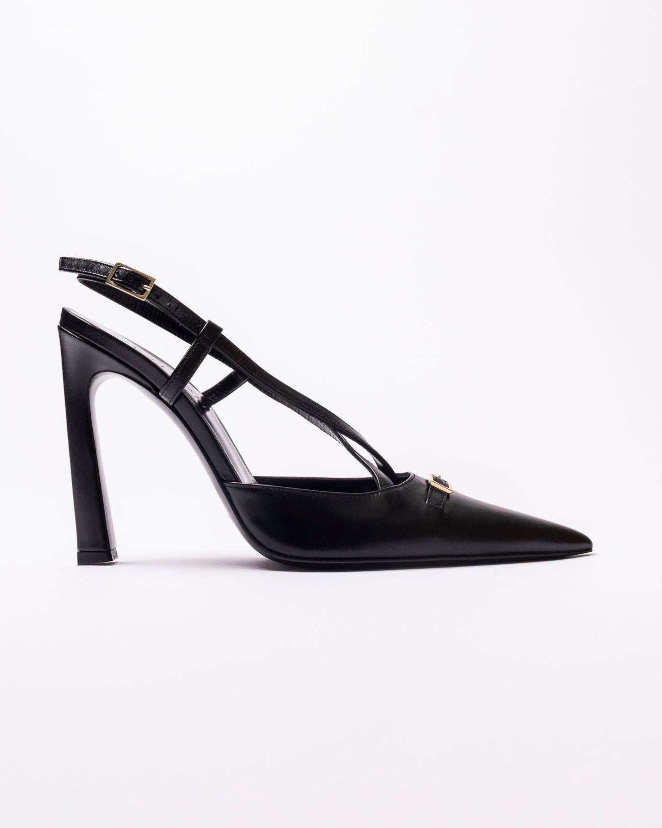 Black high-heeled shoe with a strap on a white background