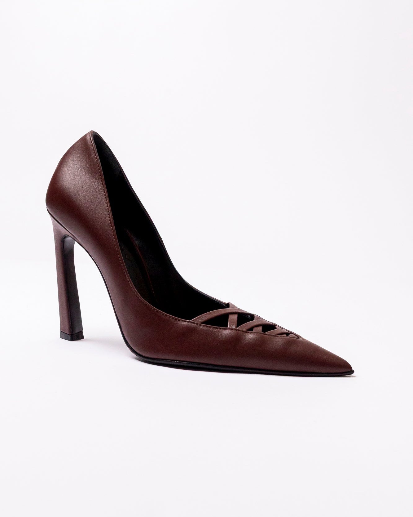 Brown high-heeled shoe on a white background