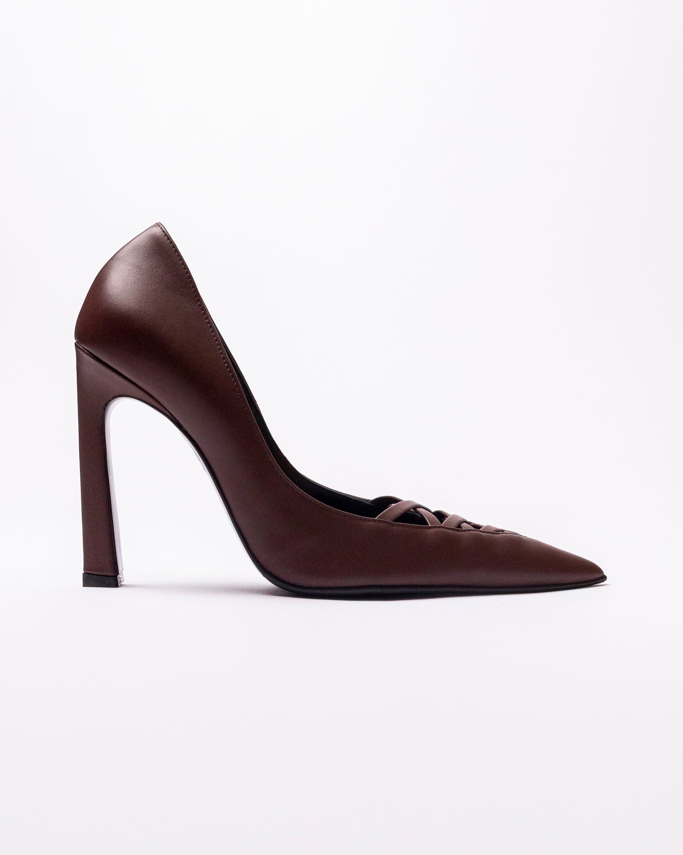 Brown high-heeled shoe on a white background