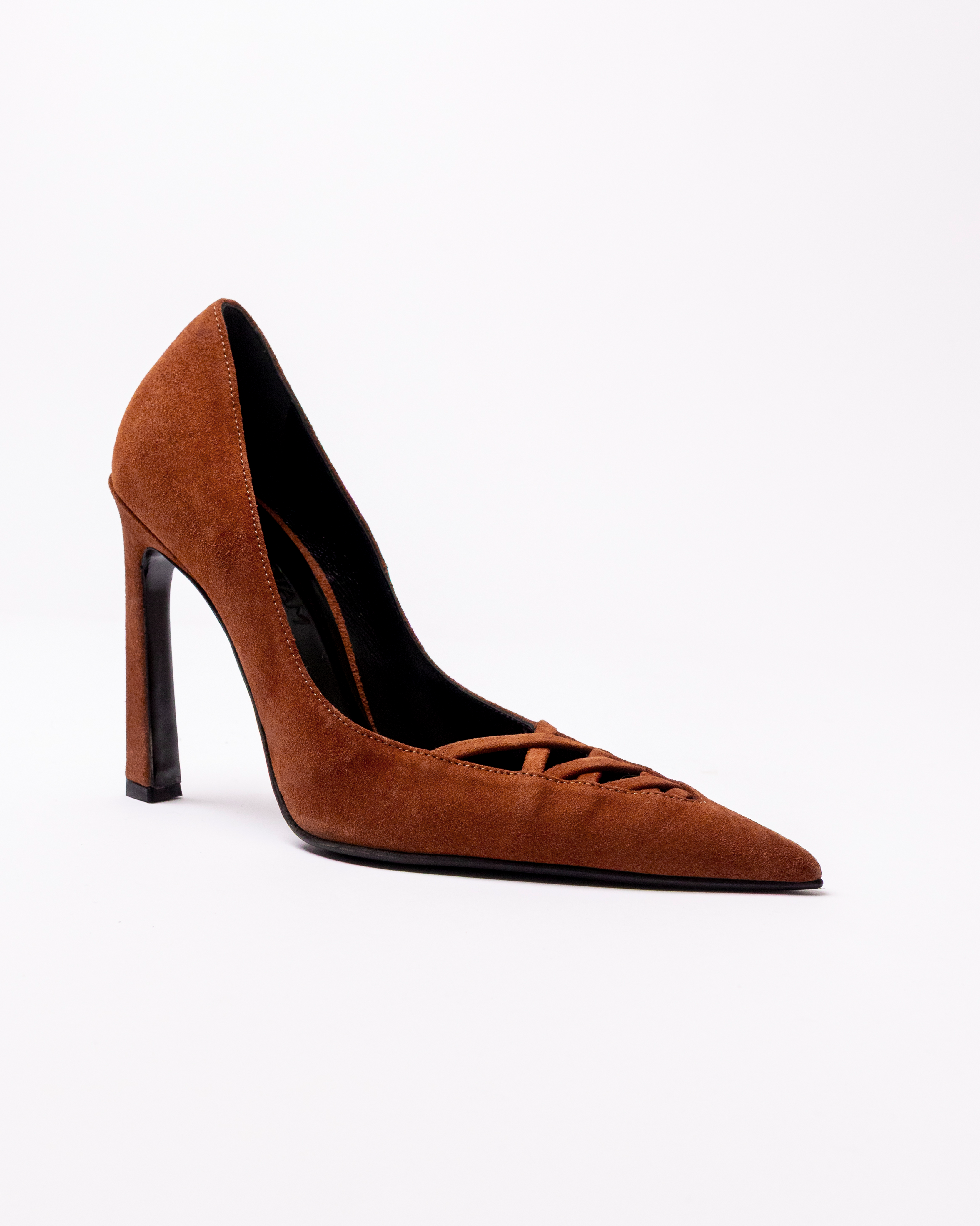 Brown suede high-heeled shoe on a white background