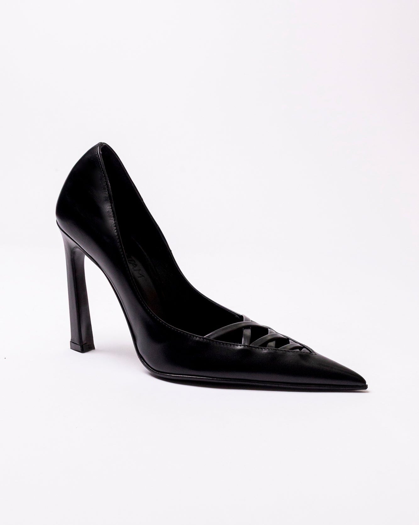 Black high-heeled shoe on a white background