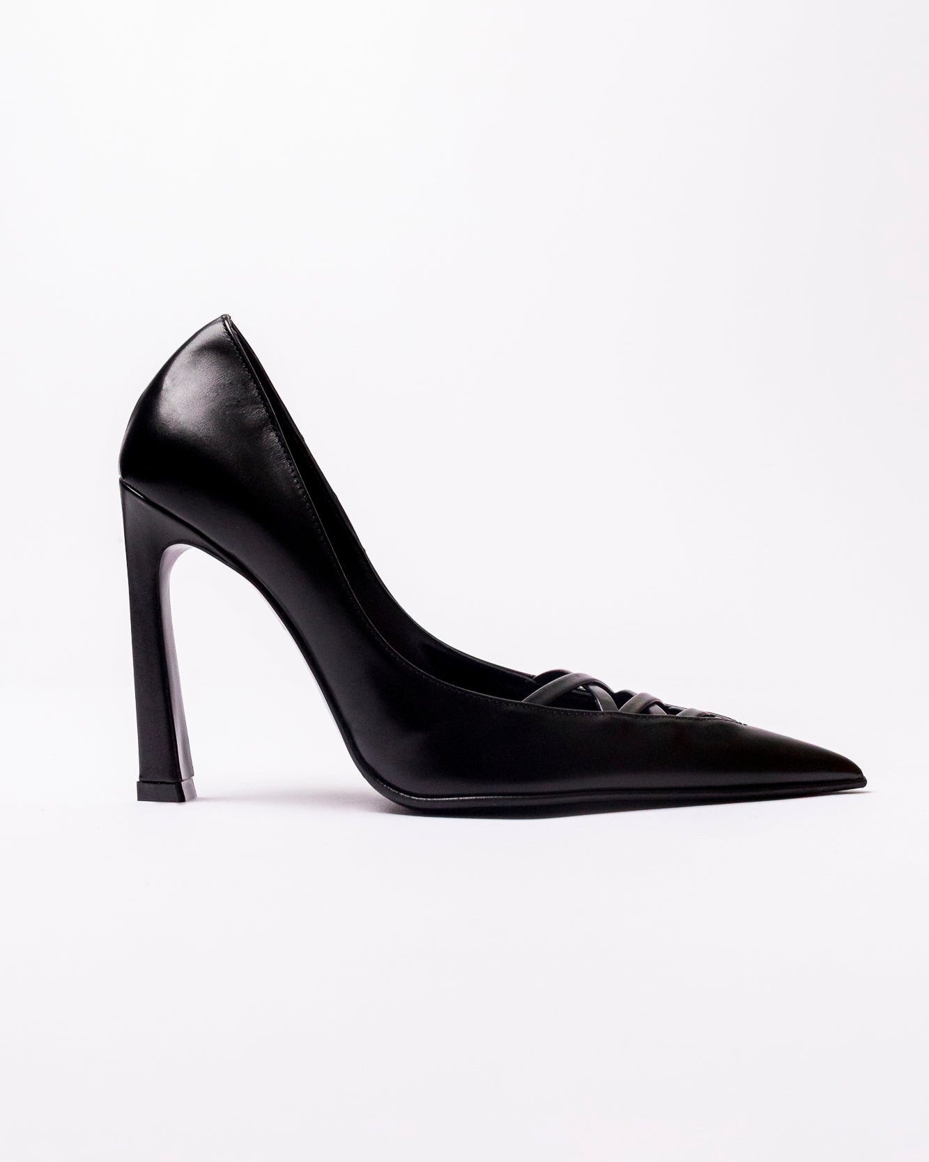 Black high-heeled shoe on a white background